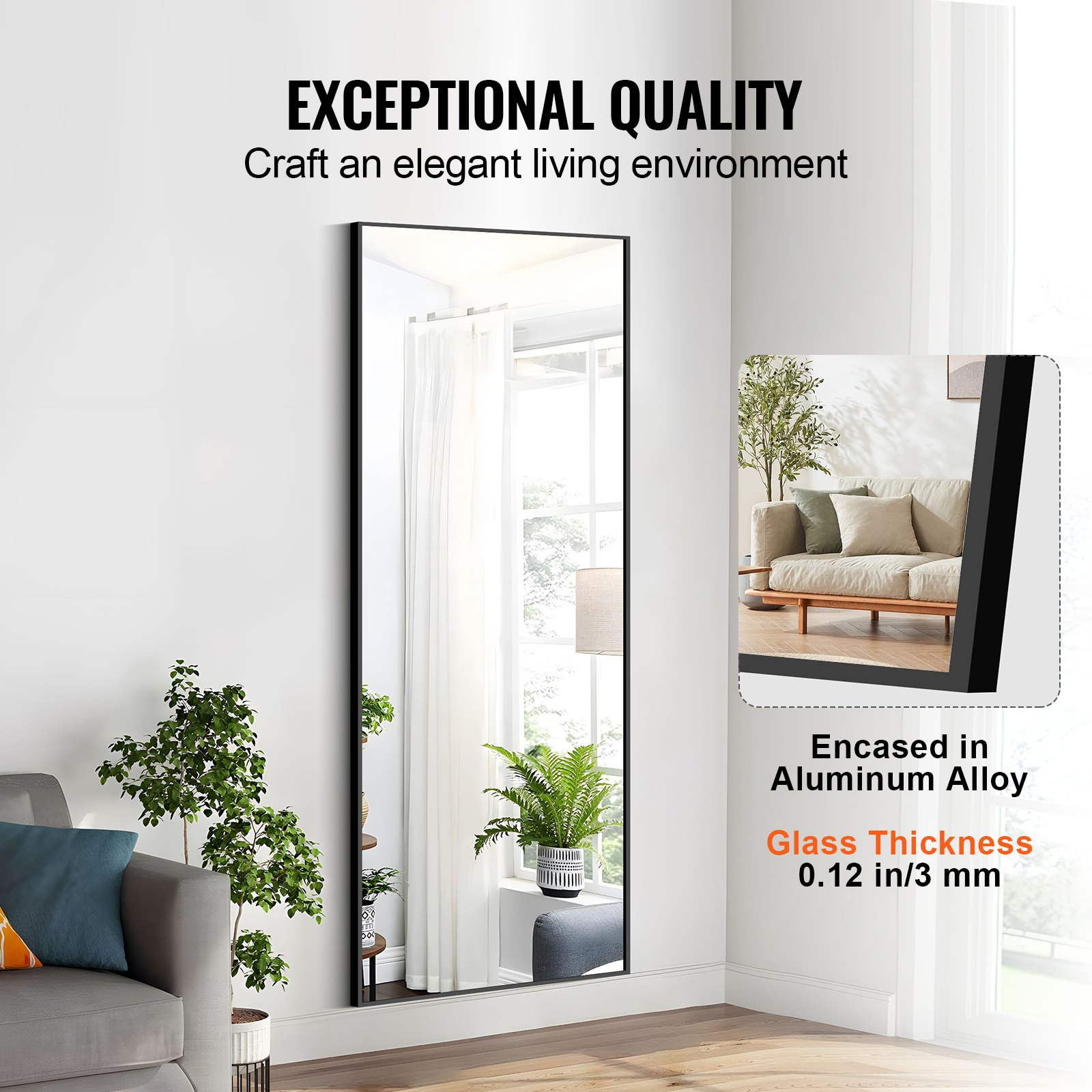 VEVOR Full Length Mirror, 71'' x 31'', Extra Large Standing Hanging or Leaning Rectangle Floor Mirror with Tempered Glass Aluminum Alloy Frame, Full Body Dressing Mirror for Living Room Bedroom, Black