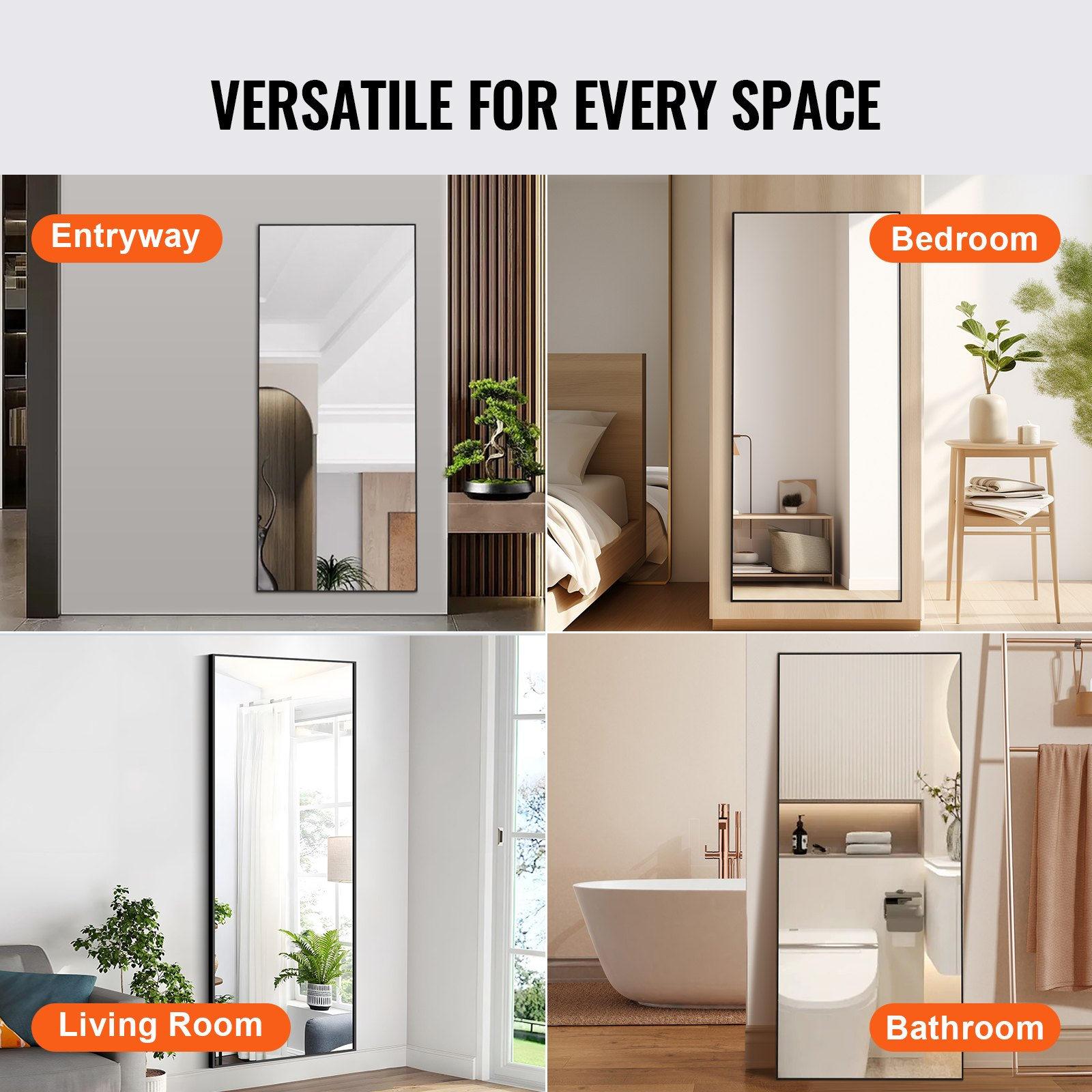 VEVOR Full Length Mirror, 71'' x 31'', Extra Large Standing Hanging or Leaning Rectangle Floor Mirror with Tempered Glass Aluminum Alloy Frame, Full Body Dressing Mirror for Living Room Bedroom, Black