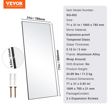 VEVOR Full Length Mirror, 71'' x 31'', Extra Large Standing Hanging or Leaning Rectangle Floor Mirror with Tempered Glass Aluminum Alloy Frame, Full Body Dressing Mirror for Living Room Bedroom, Black