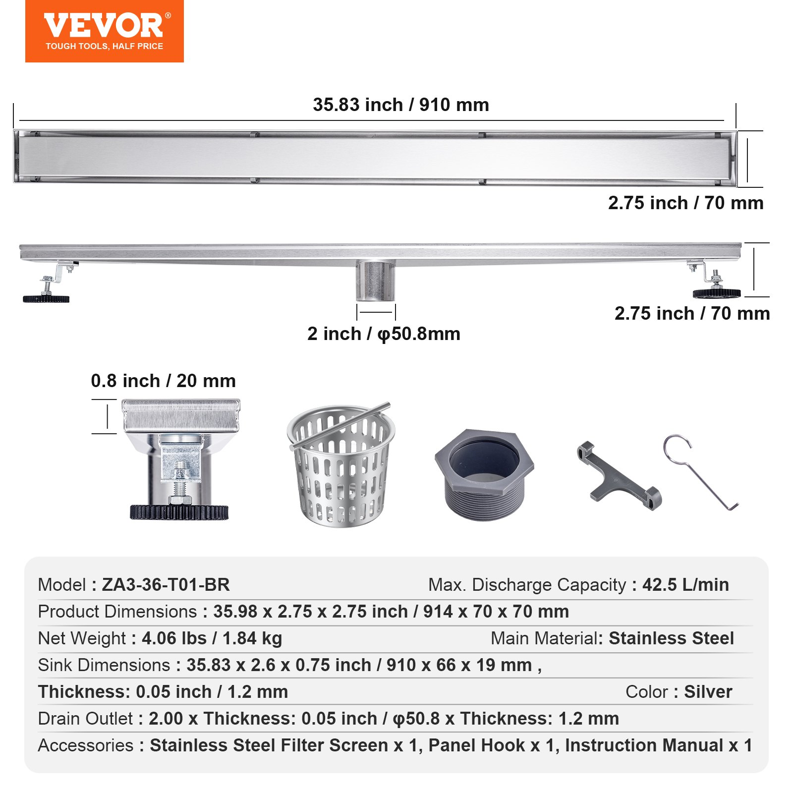 VEVOR 610mm Linear Shower Drain Offset with Tile Insert Cover,Brushed 304 Stainless Steel Rectangle Shower Floor Drain,Linear Drain with Leveling Feet,Hair Strainer Silver