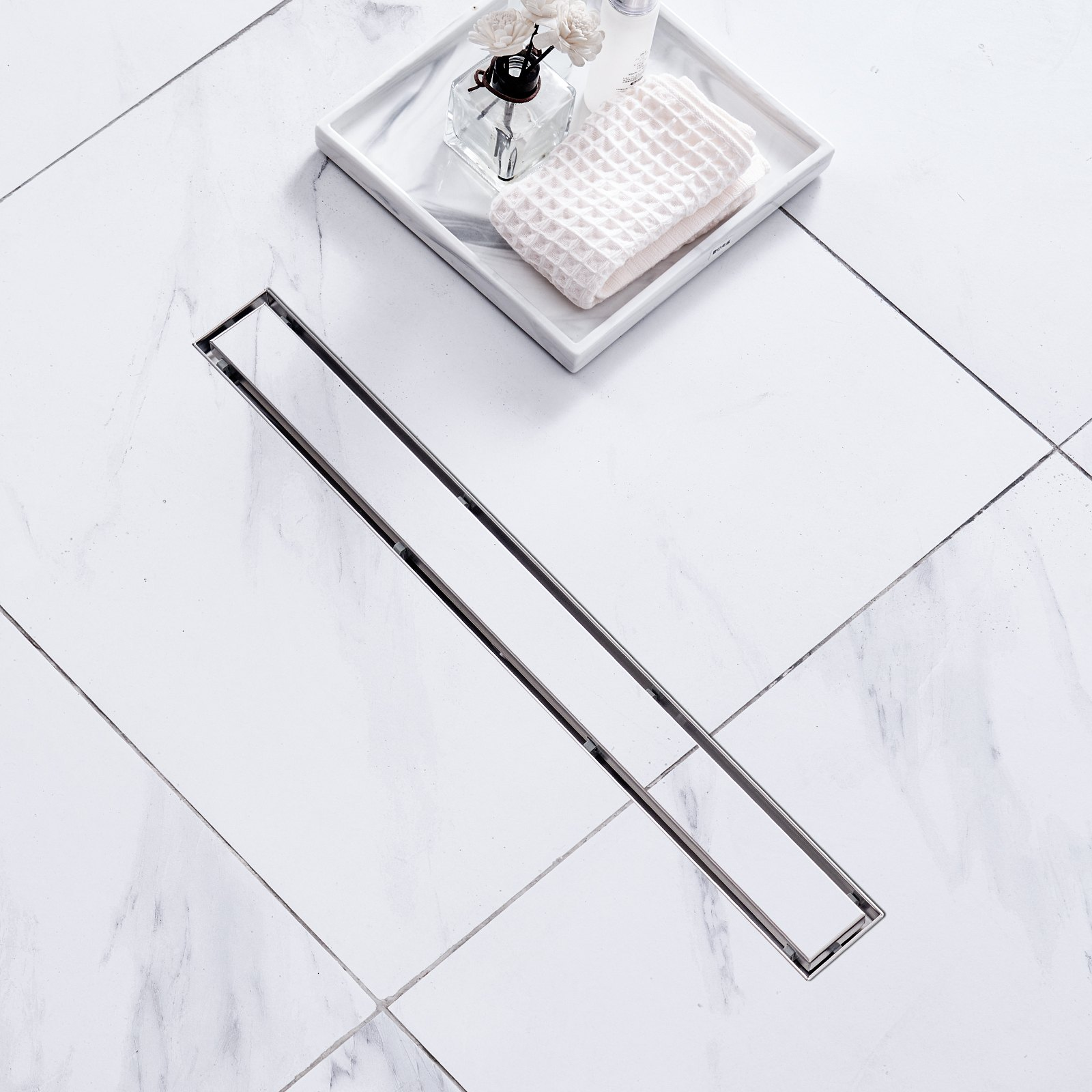 VEVOR 610mm Linear Shower Drain Offset with Tile Insert Cover,Brushed 304 Stainless Steel Rectangle Shower Floor Drain,Linear Drain with Leveling Feet,Hair Strainer Silver