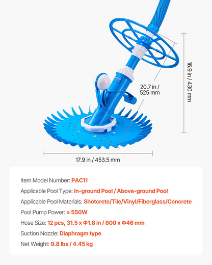 VEVOR Suction Pool Cleaner Vacuum Cleaner 12 Hoses for In/Above-ground Pool