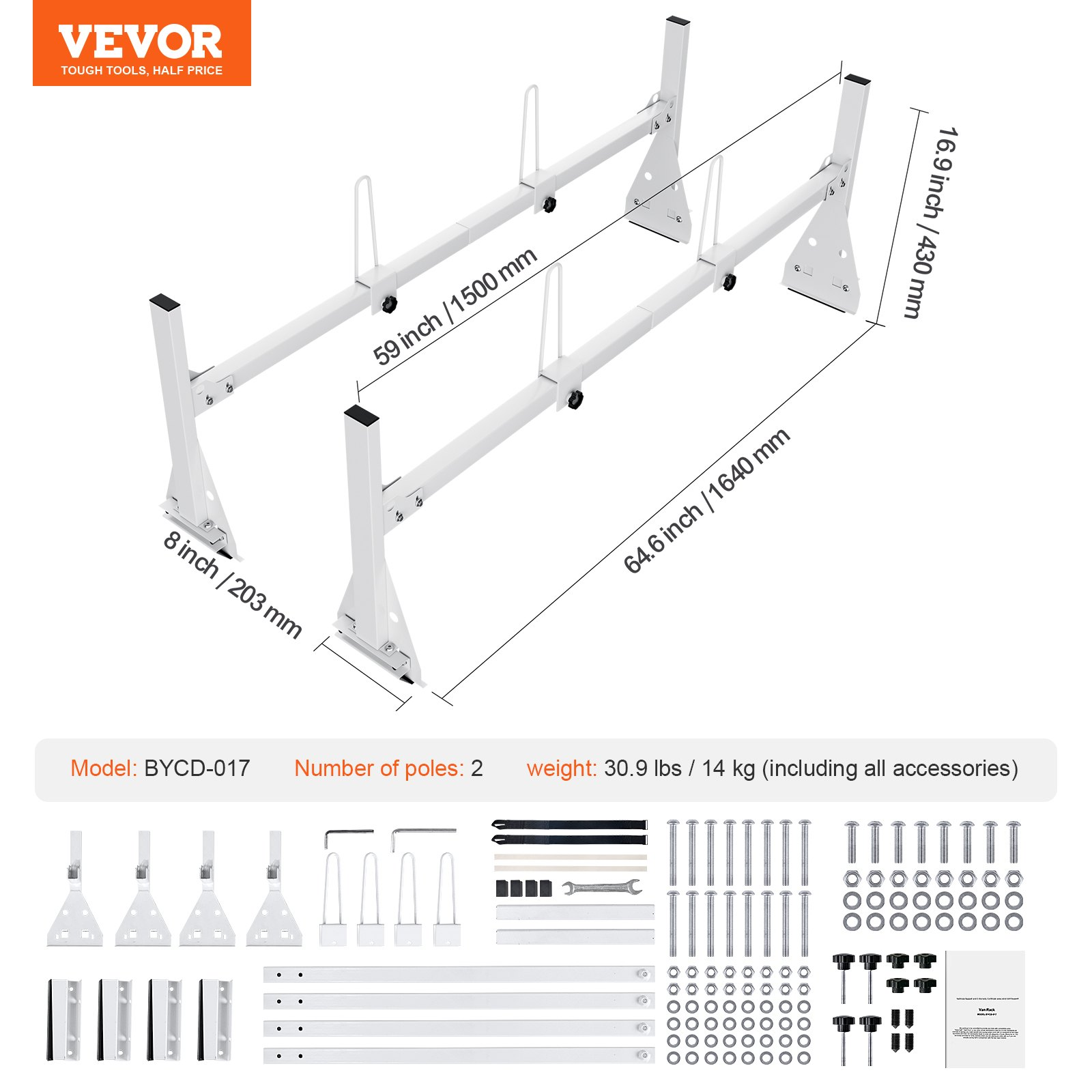 VEVOR Trailer Ladder Rack Van Roof Ladder Rack 600 lbs 56.7-63 inch Adjustable