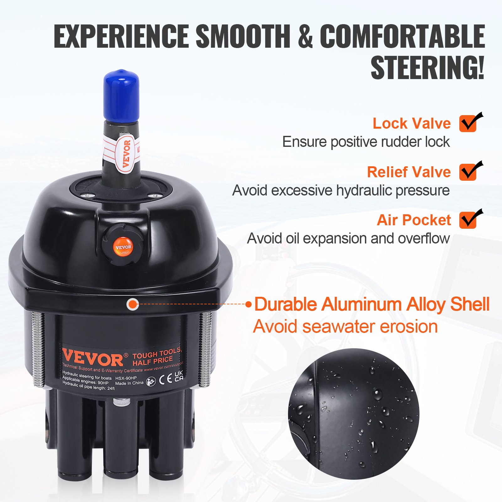 VEVOR Hydraulic Outboard Steering Kit, 90HP, Marine Boat Hydraulic Steering System, with Helm Pump Two-Way Lock Cylinder and 731.5 cm Hydraulic Steering Hose, for Single Station Single-Engine Boats