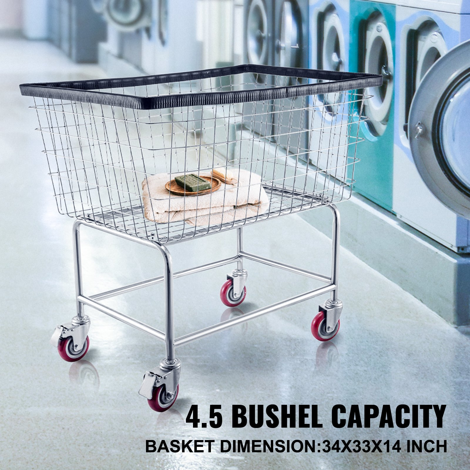 VEVOR Wire Laundry Cart, 4.5 Bushel Wire Laundry Basket with Wheels, 35''x15.7''x22'' Commercial Wire Laundry Basket Cart, Steel Frame with Chrome Finish, 5'' Casters, Wire Basket Cart for Lau