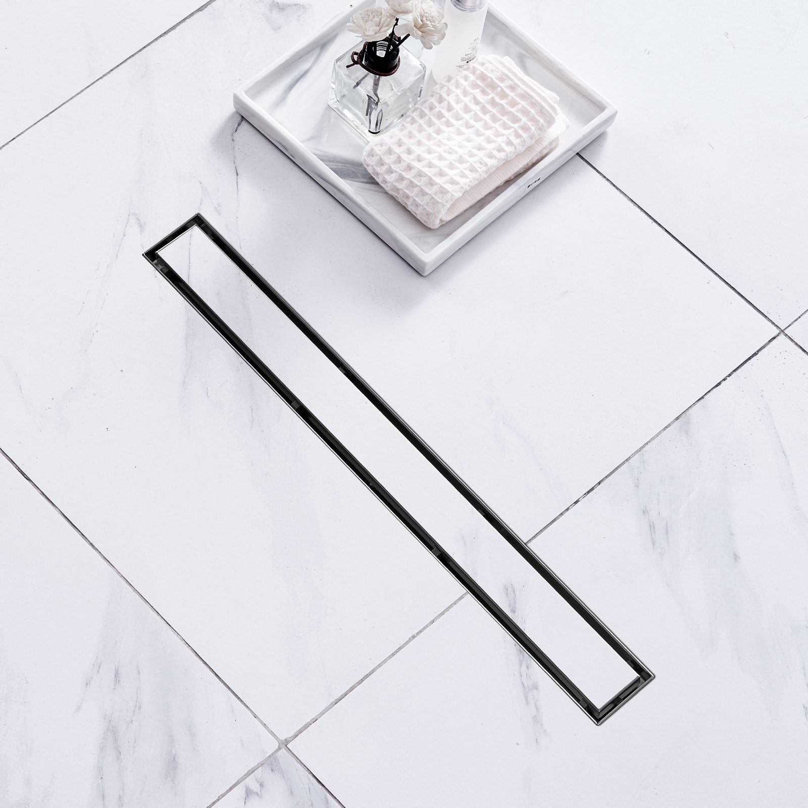 VEVOR 610mm Linear Shower Drain Offset with Tile Insert Cover,Brushed 304 Stainless Steel Rectangle Shower Floor Drain, Sleek Linear Drain with Hair Strainer, Black