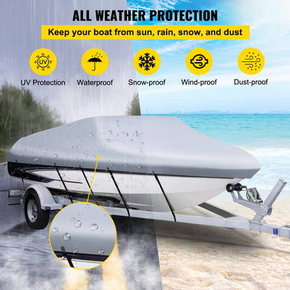VEVOR Waterproof Boat Cover, 609.6 cm-670.6 cm Trailerable Boat Cover, Beam Width up to 269.2 cm Hull Cover Heavy Duty 600D Marine Grade Polyester Mooring Cover for Fits V-Hull Boat with 5 Tightening Straps