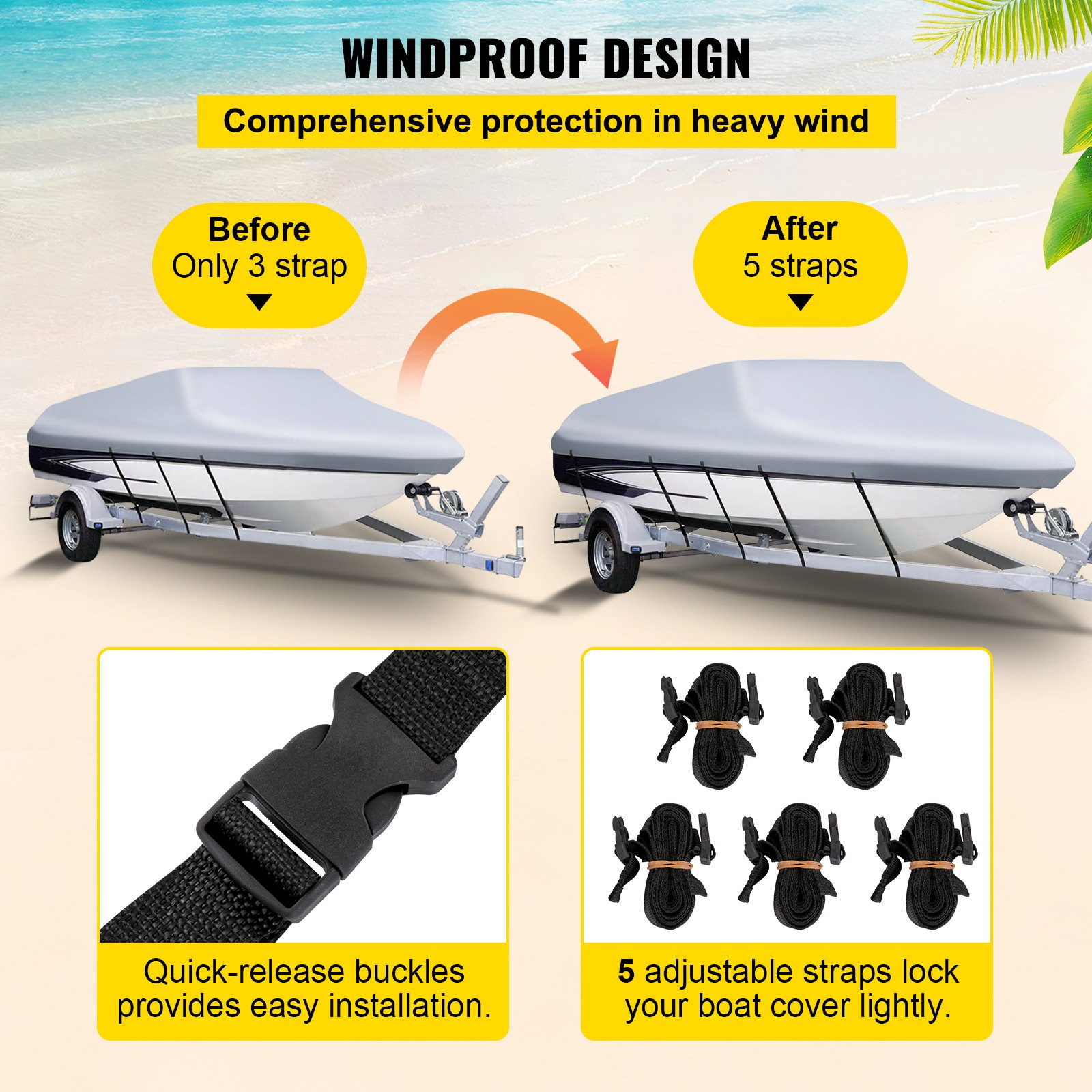VEVOR Waterproof Boat Cover, 609.6 cm-670.6 cm Trailerable Boat Cover, Beam Width up to 269.2 cm Hull Cover Heavy Duty 600D Marine Grade Polyester Mooring Cover for Fits V-Hull Boat with 5 Tightening Straps