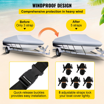 VEVOR Waterproof Boat Cover, 609.6 cm-670.6 cm Trailerable Boat Cover, Beam Width up to 269.2 cm Hull Cover Heavy Duty 600D Marine Grade Polyester Mooring Cover for Fits V-Hull Boat with 5 Tightening Straps