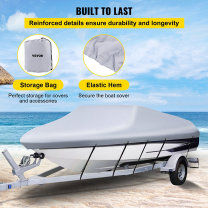 VEVOR Waterproof Boat Cover, 609.6 cm-670.6 cm Trailerable Boat Cover, Beam Width up to 269.2 cm Hull Cover Heavy Duty 600D Marine Grade Polyester Mooring Cover for Fits V-Hull Boat with 5 Tightening Straps