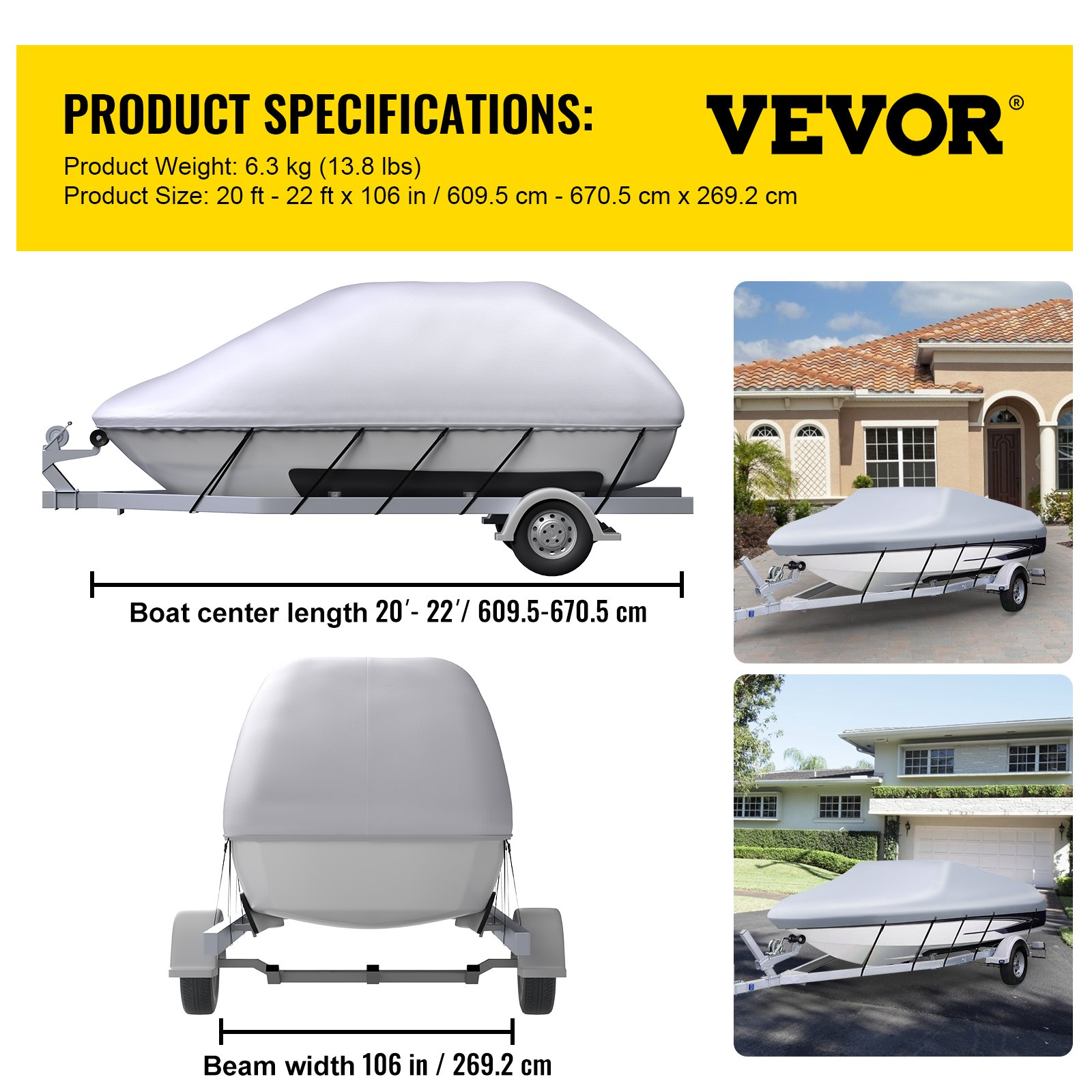 VEVOR Waterproof Boat Cover, 609.6 cm-670.6 cm Trailerable Boat Cover, Beam Width up to 269.2 cm Hull Cover Heavy Duty 600D Marine Grade Polyester Mooring Cover for Fits V-Hull Boat with 5 Tightening Straps
