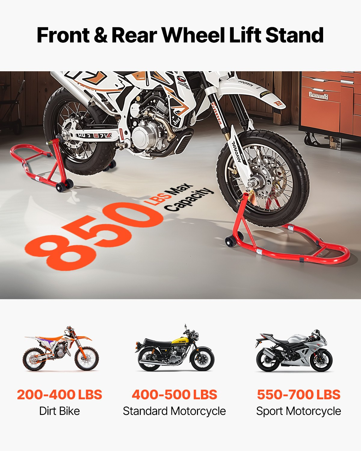 VEVOR Motorcycle Front & Rear Stand Lift 850lb Spoolift Paddock Swingarm Arm Red