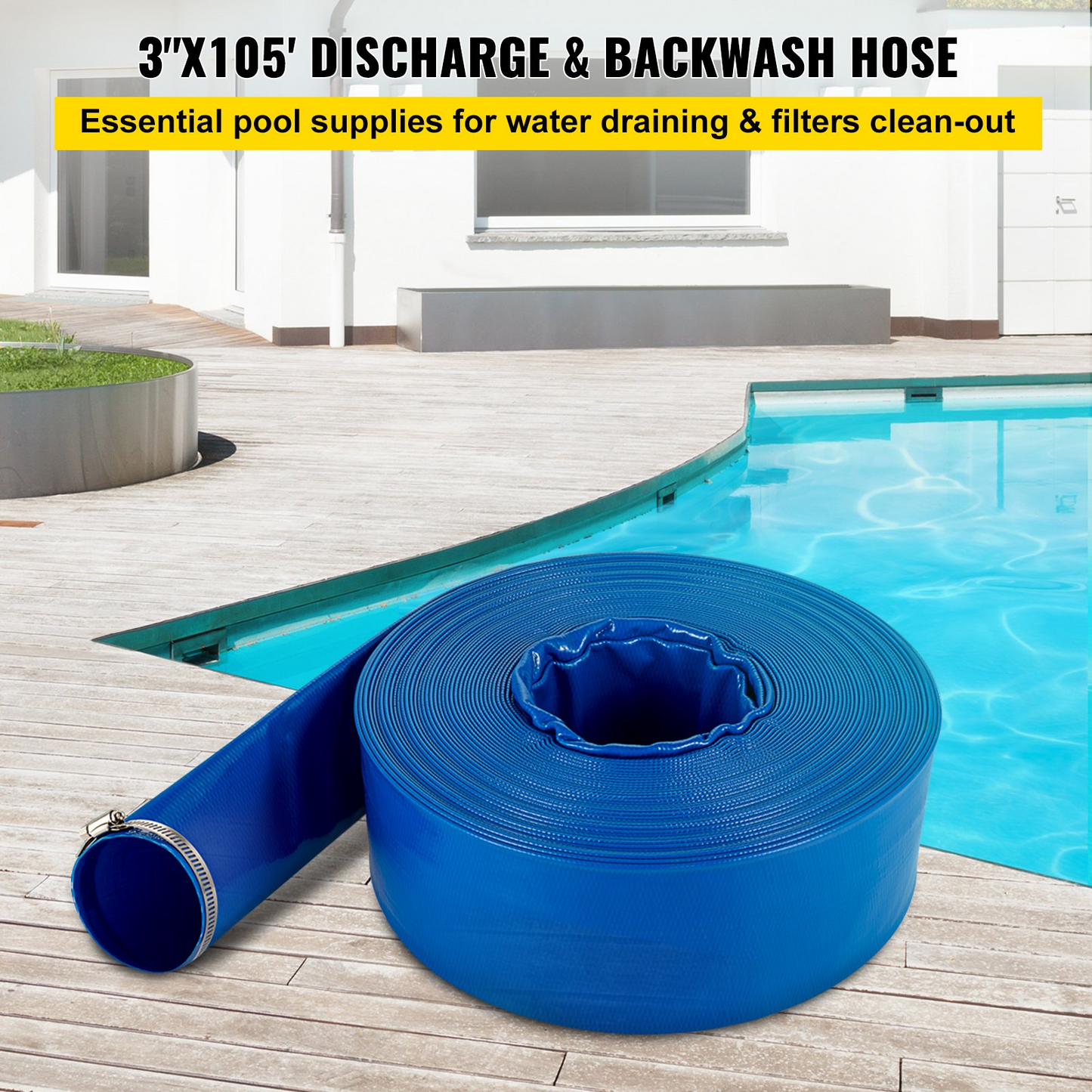 VEVOR Discharge Hose Lay Flat Hose 3" x 105' PVC Backwash Drain Hose w/Clamp