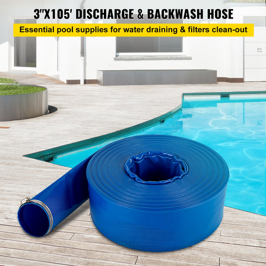 VEVOR Discharge Hose Lay Flat Hose 3" x 105' PVC Backwash Drain Hose w/Clamp