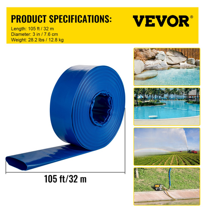 VEVOR Discharge Hose Lay Flat Hose 3" x 105' PVC Backwash Drain Hose w/Clamp