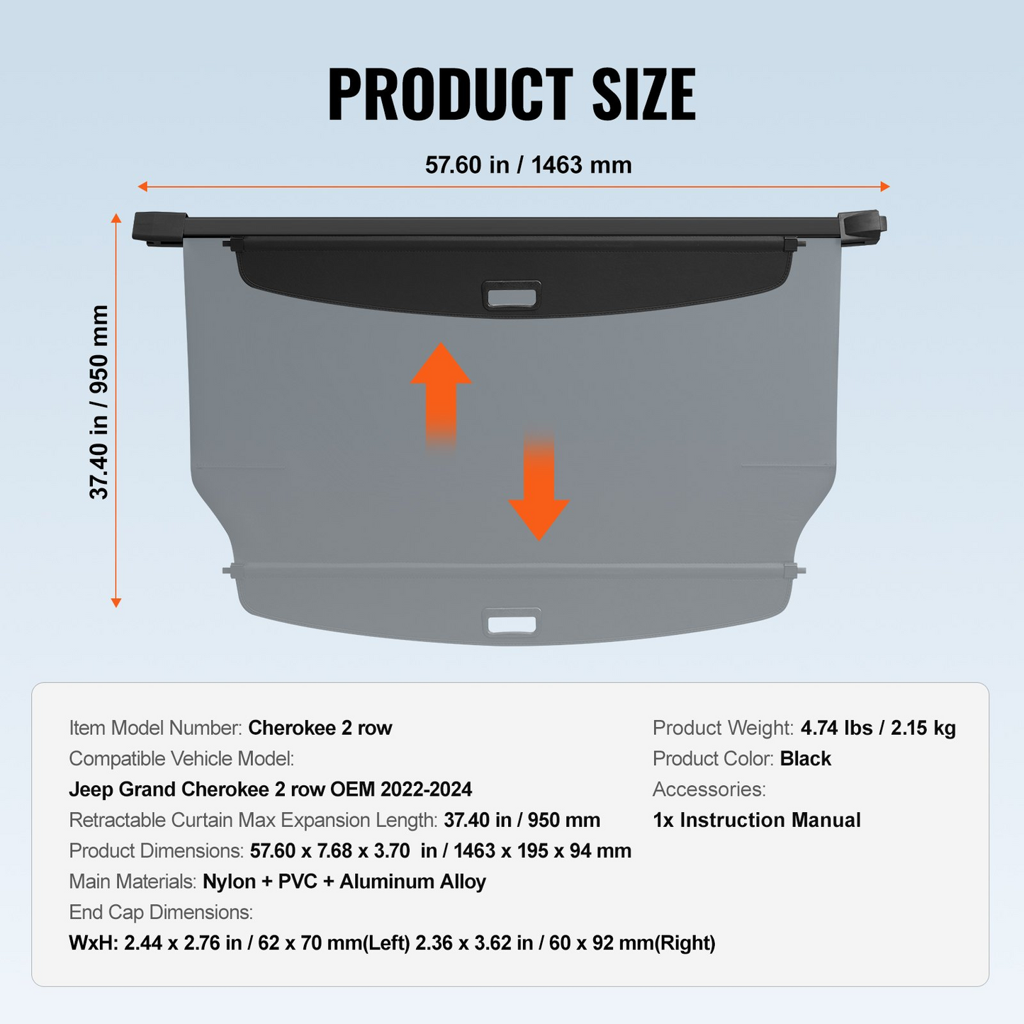 VEVOR Retractable Cargo Cover for Jeep Grand Cherokee 2 Row 2022-2024 OEM Design