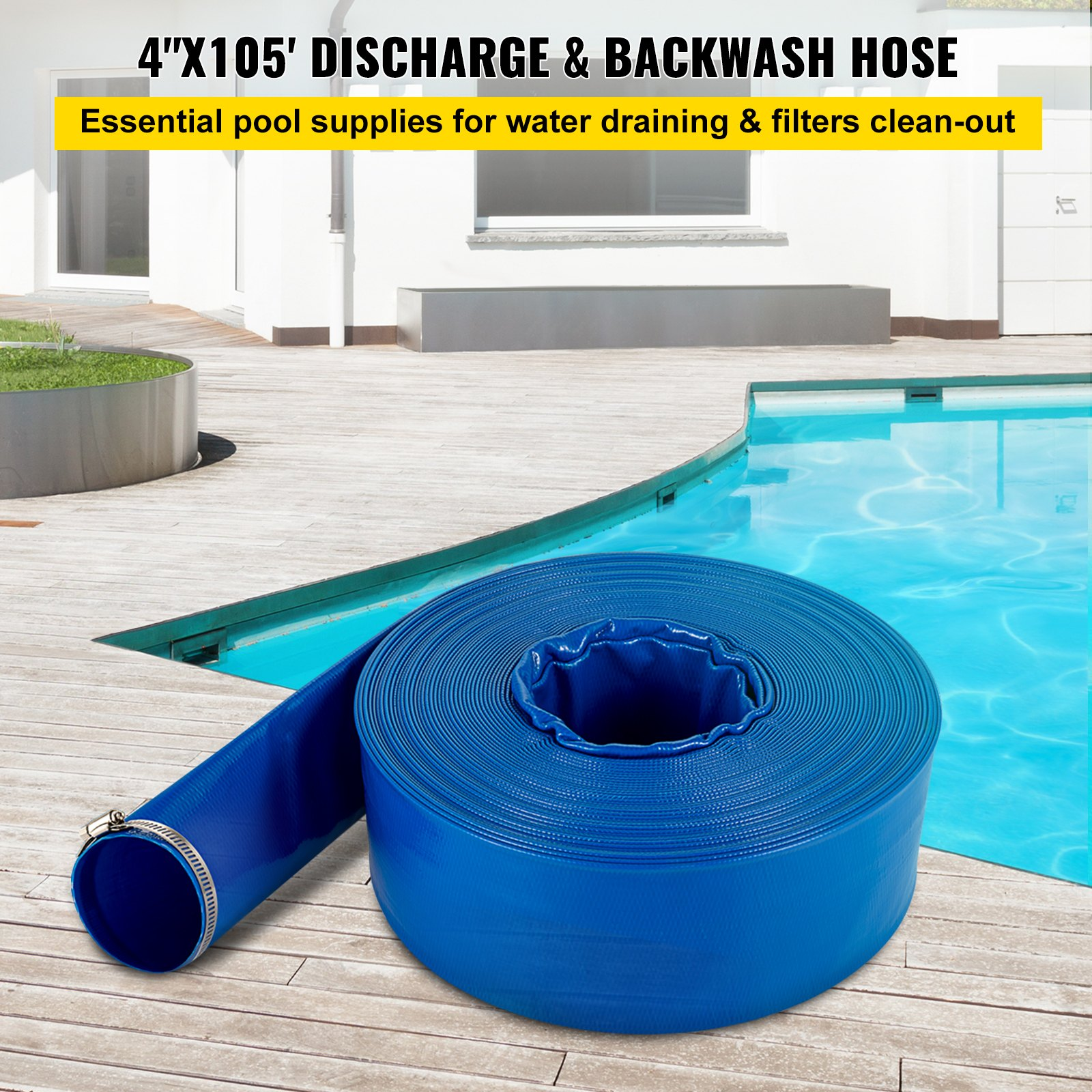 VEVOR Discharge Hose Lay Flat Hose 4" x 105' PVC Backwash Drain Hose w/Clamp