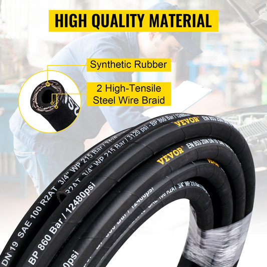 VEVOR Hydraulic Hose 1/4 inch x 100 ft, Coiled Hydraulic Hose 5800 PSI, Rubber Hydraulic Hose with 2 High-Tensile Steel Wire Braid, Bulk Hydraulic Hose -20℃ to 140℃, Hydraulic Oil Flexible Hose