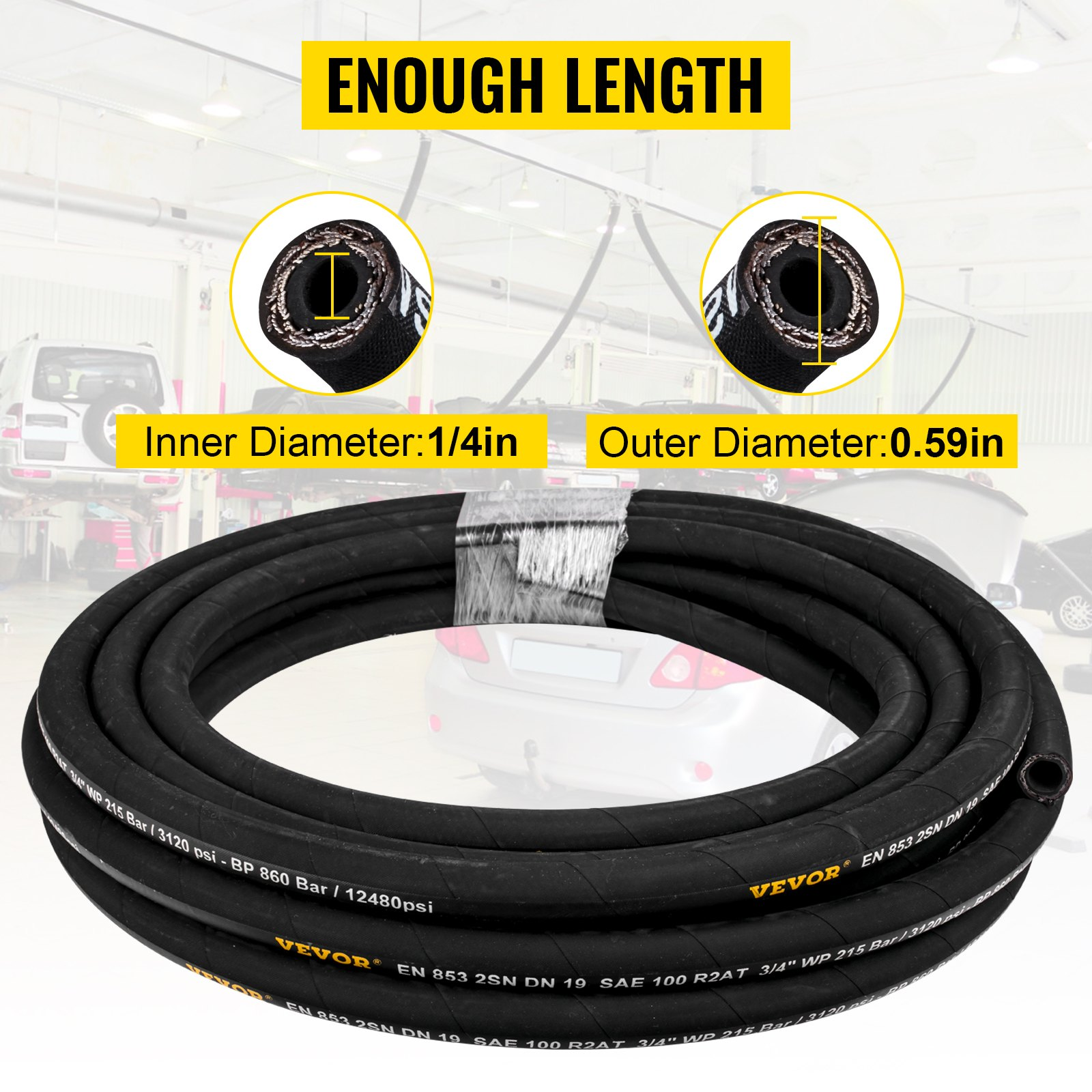 VEVOR Hydraulic Hose 1/4 inch x 328 ft, Coiled Hydraulic Hose 5800 PSI, Rubber Hydraulic Hose with 2 High-Tensile Steel Wire Braid, Bulk Hydraulic Hose -20℃ to 140℃, Hydraulic Oil Flexible Hose