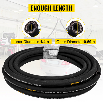 VEVOR Hydraulic Hose 1/4 inch x 328 ft, Coiled Hydraulic Hose 5800 PSI, Rubber Hydraulic Hose with 2 High-Tensile Steel Wire Braid, Bulk Hydraulic Hose -20℃ to 140℃, Hydraulic Oil Flexible Hose