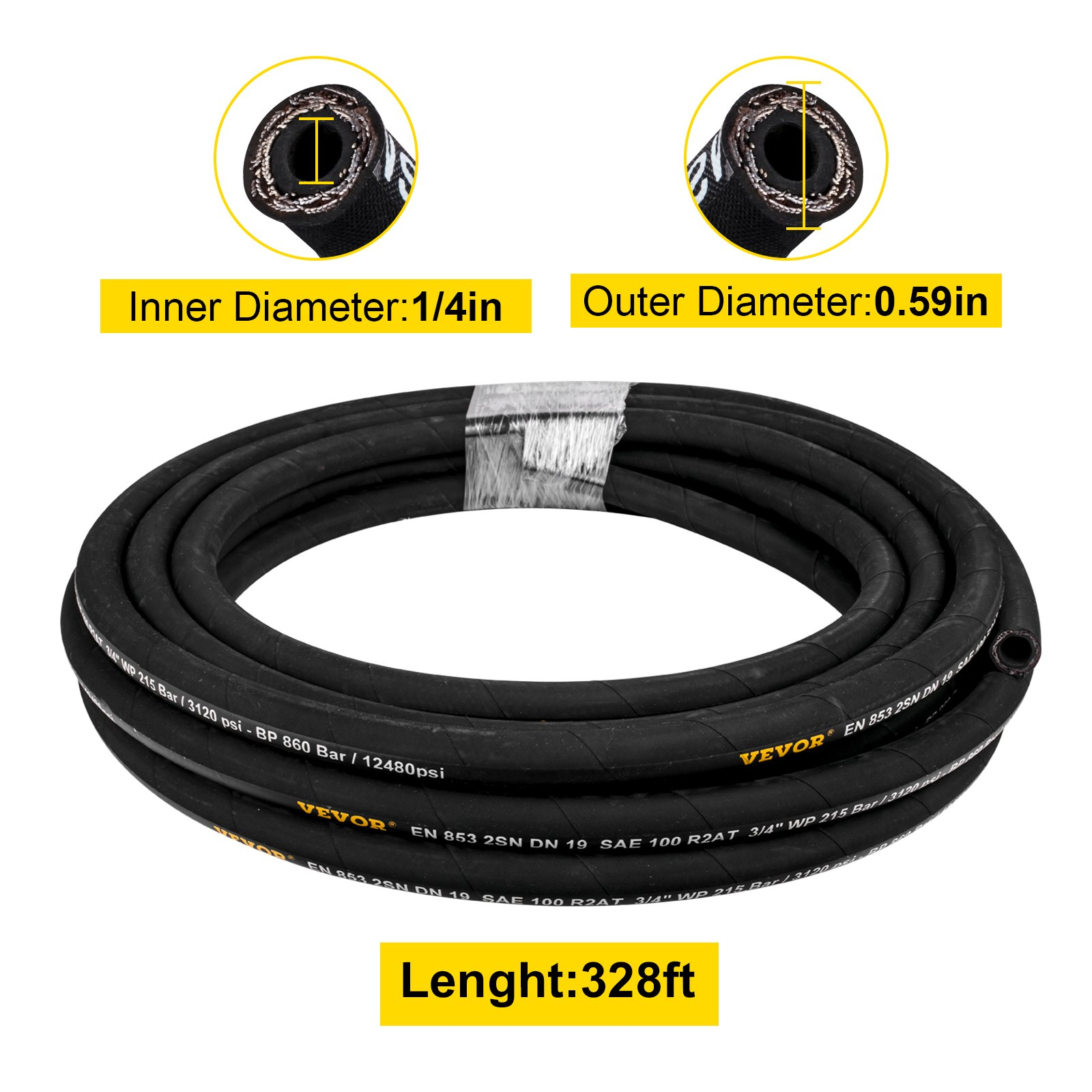 VEVOR Hydraulic Hose 1/4 inch x 328 ft, Coiled Hydraulic Hose 5800 PSI, Rubber Hydraulic Hose with 2 High-Tensile Steel Wire Braid, Bulk Hydraulic Hose -20℃ to 140℃, Hydraulic Oil Flexible Hose