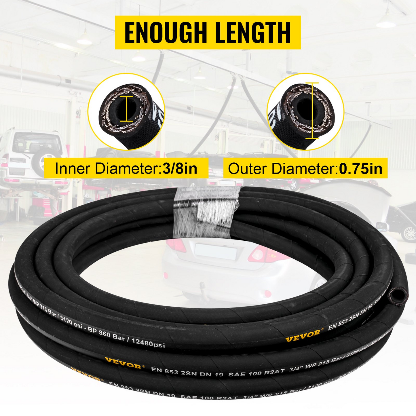 VEVOR Hydraulic Hose 3/8 inch x 100 ft, Coiled Hydraulic Hose 4800 PSI, Rubber Hydraulic Hose with 2 High-Tensile Steel Wire Braid, Bulk Hydraulic Hose -20°C to 140°C, Hydraulic Oil Flexible Hose