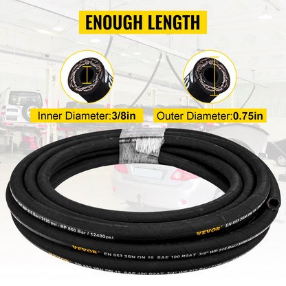 VEVOR Hydraulic Hose 3/8 inch x 100 ft, Coiled Hydraulic Hose 4800 PSI, Rubber Hydraulic Hose with 2 High-Tensile Steel Wire Braid, Bulk Hydraulic Hose -20°C to 140°C, Hydraulic Oil Flexible Hose