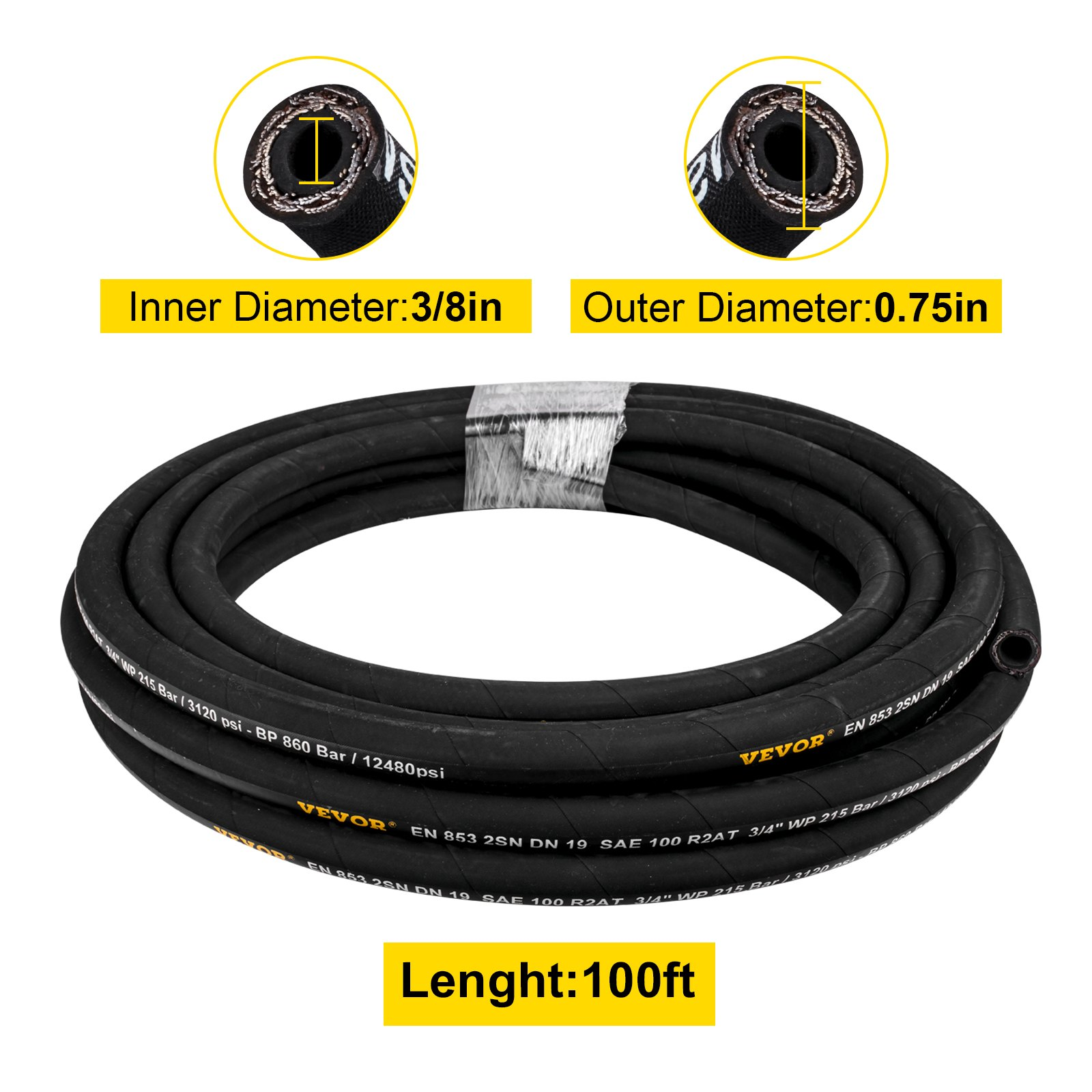 VEVOR Hydraulic Hose 3/8 inch x 100 ft, Coiled Hydraulic Hose 4800 PSI, Rubber Hydraulic Hose with 2 High-Tensile Steel Wire Braid, Bulk Hydraulic Hose -20°C to 140°C, Hydraulic Oil Flexible Hose
