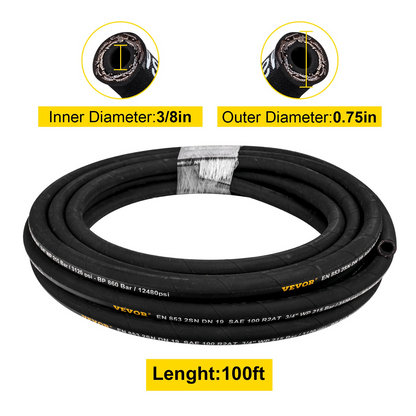 VEVOR Hydraulic Hose 3/8 inch x 100 ft, Coiled Hydraulic Hose 4800 PSI, Rubber Hydraulic Hose with 2 High-Tensile Steel Wire Braid, Bulk Hydraulic Hose -20°C to 140°C, Hydraulic Oil Flexible Hose