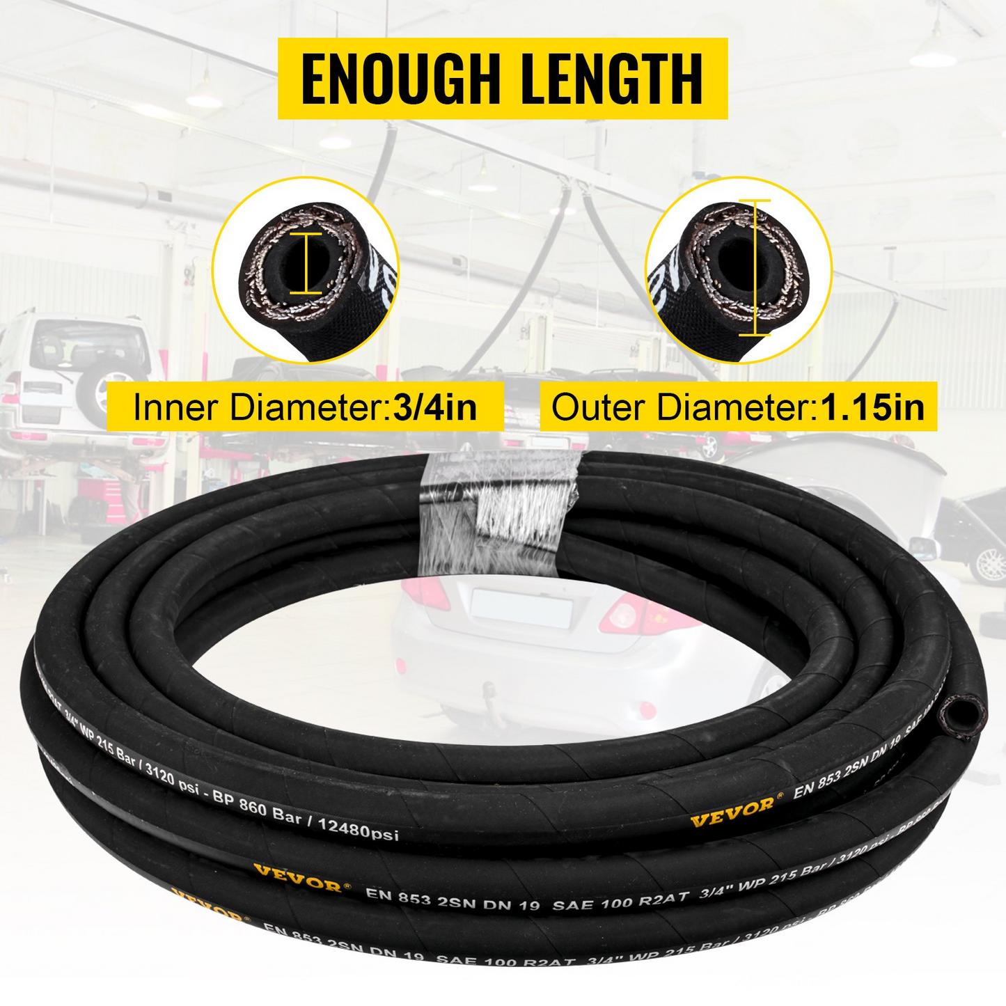 VEVOR Hydraulic Hose 3/4 inch x 50 ft, Coiled Hydraulic Hose 3120 PSI, Rubber Hydraulic Hose with 2 High-Tensile Steel Wire Braid, Bulk Hydraulic Hose -20℃ to 140℃, Hydraulic Oil Flexible Hose