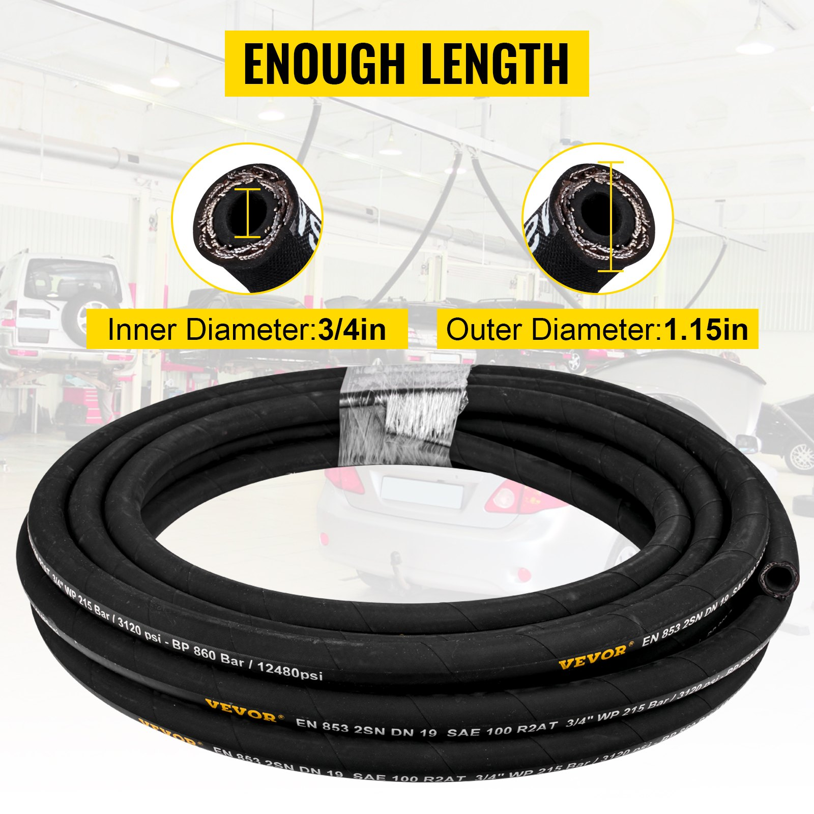 VEVOR Hydraulic Hose 3/4 inch x 50 ft, Coiled Hydraulic Hose 3120 PSI, Rubber Hydraulic Hose with 2 High-Tensile Steel Wire Braid, Bulk Hydraulic Hose -20℃ to 140℃, Hydraulic Oil Flexible Hose