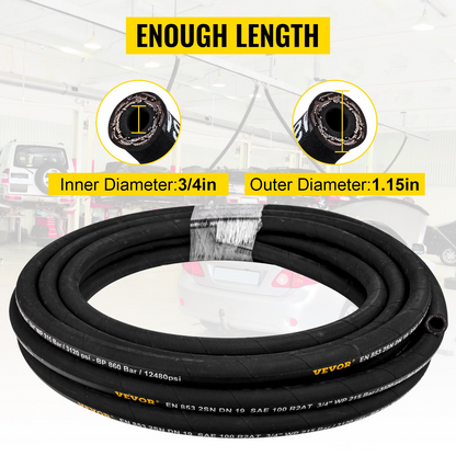 VEVOR Hydraulic Hose 3/4 inch x 50 ft, Coiled Hydraulic Hose 3120 PSI, Rubber Hydraulic Hose with 2 High-Tensile Steel Wire Braid, Bulk Hydraulic Hose -20℃ to 140℃, Hydraulic Oil Flexible Hose