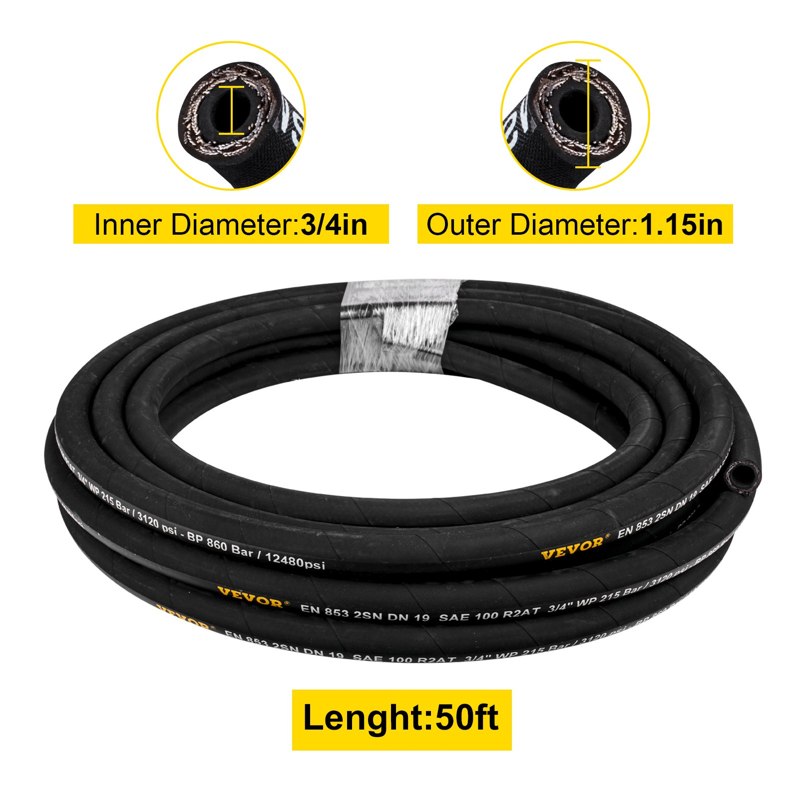 VEVOR Hydraulic Hose 3/4 inch x 50 ft, Coiled Hydraulic Hose 3120 PSI, Rubber Hydraulic Hose with 2 High-Tensile Steel Wire Braid, Bulk Hydraulic Hose -20℃ to 140℃, Hydraulic Oil Flexible Hose