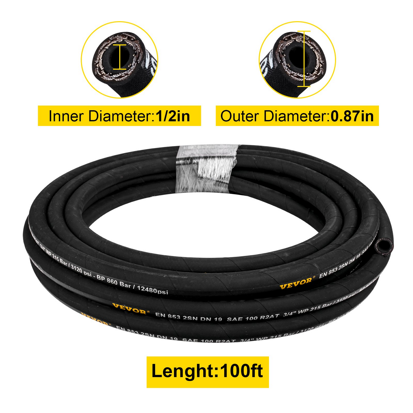 VEVOR Hydraulic Hose 1/2 inch x 100 ft, Coiled Hydraulic Hose 4000 PSI, Rubber Hydraulic Hose with 2 High-Tensile Steel Wire Braid, Bulk Hydraulic Hose -20℃ to 140℃, Hydraulic Oil Flexible Hose
