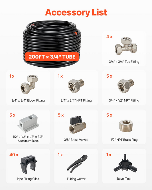 VEVOR Air Compressor Line Kit 3/4'' x 200FT PU Air Compressor Line System Black