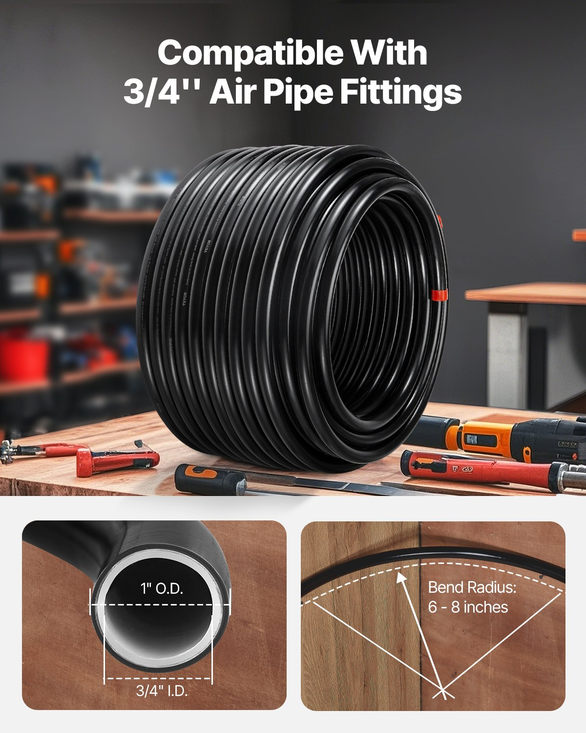 VEVOR Air Compressor Line Kit 3/4'' x 200FT PU Air Compressor Line System Black