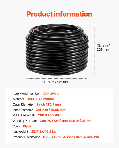 VEVOR Air Compressor Line Kit 3/4'' x 200FT PU Air Compressor Line System Black
