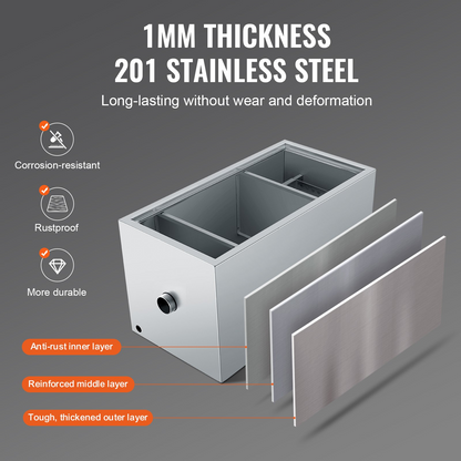 VEVOR Commercial Grease Trap, 11.3 kg Grease Interceptor, Top Inlet Interceptor, Under Sink Stainless Steel Grease Trap, 6.4 GPM Waste Water Oil-water Separator, for Restaurant Canteen Home Kitchen