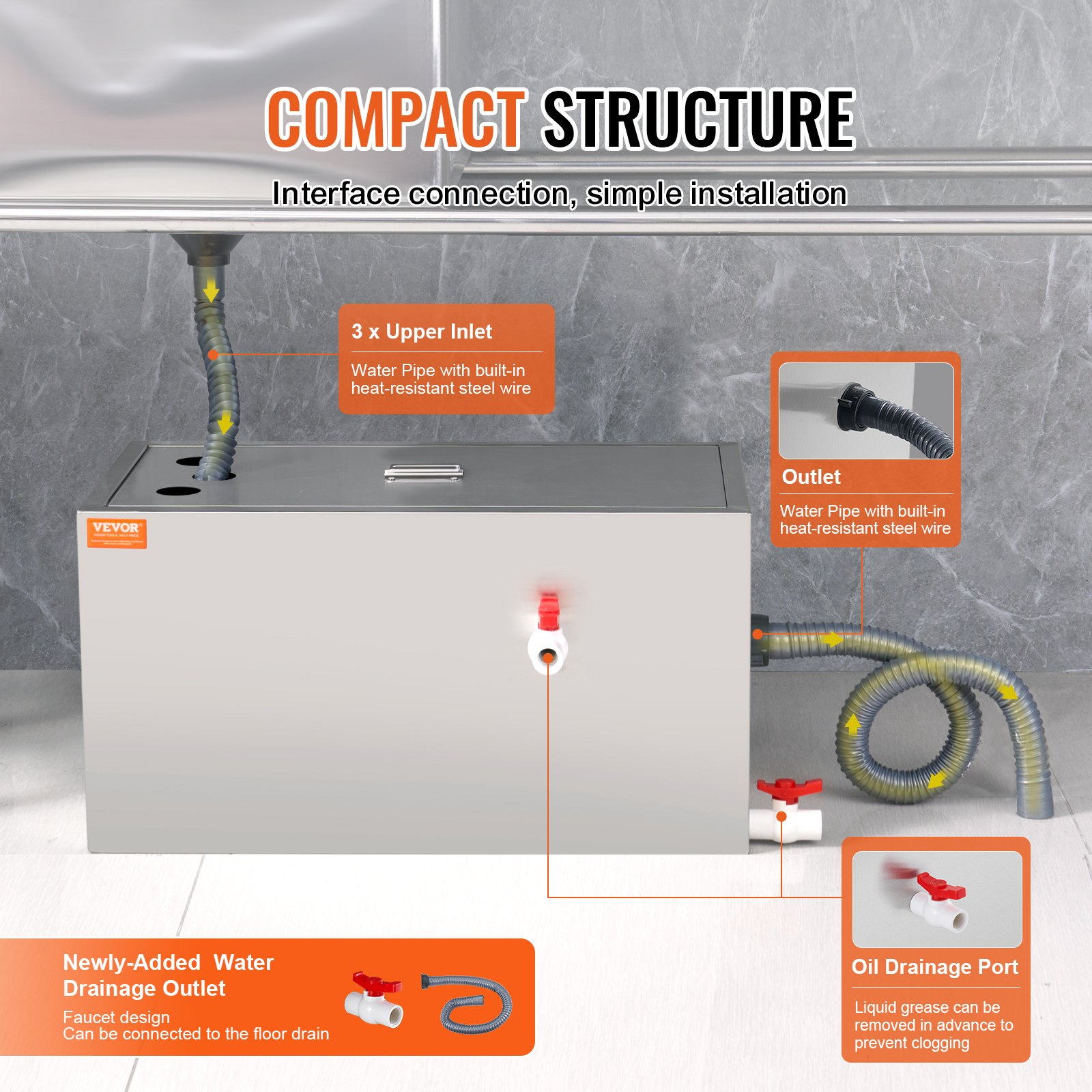 VEVOR Commercial Grease Trap, 11.3 kg Grease Interceptor, Top Inlet Interceptor, Under Sink Stainless Steel Grease Trap, 6.4 GPM Waste Water Oil-water Separator, for Restaurant Canteen Home Kitchen