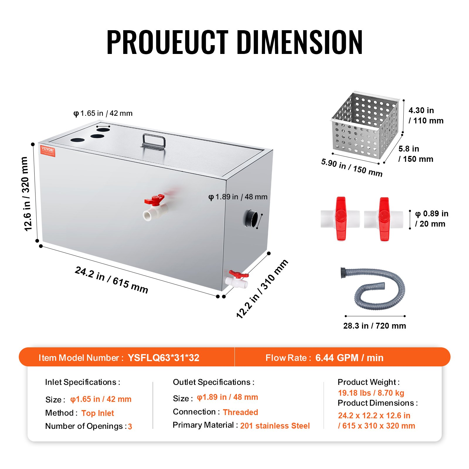 VEVOR Commercial Grease Trap, 11.3 kg Grease Interceptor, Top Inlet Interceptor, Under Sink Stainless Steel Grease Trap, 6.4 GPM Waste Water Oil-water Separator, for Restaurant Canteen Home Kitchen
