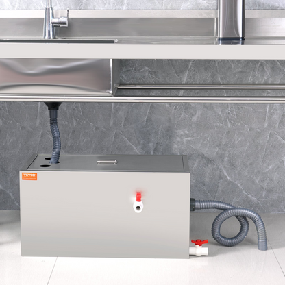 VEVOR Commercial Grease Trap, 11.3 kg Grease Interceptor, Top Inlet Interceptor, Under Sink Stainless Steel Grease Trap, 6.4 GPM Waste Water Oil-water Separator, for Restaurant Canteen Home Kitchen