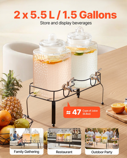 VEVOR Drink Dispenser 5.5L Beverage Dispenser for Parties Glass with Stand 2PCS