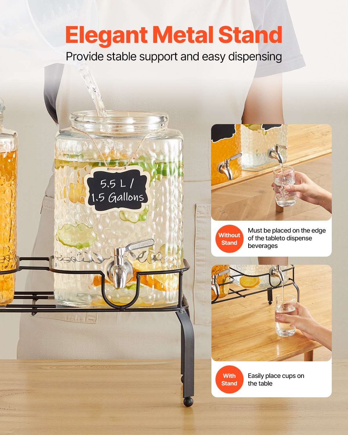 VEVOR Drink Dispenser 5.5L Beverage Dispenser for Parties Glass with Stand 2PCS