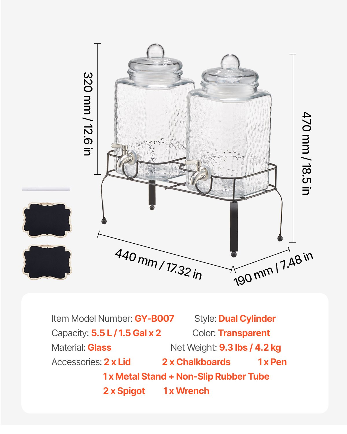 VEVOR Drink Dispenser 5.5L Beverage Dispenser for Parties Glass with Stand 2PCS