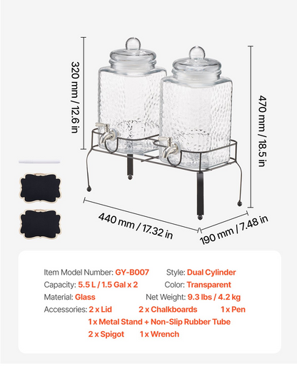 VEVOR Drink Dispenser 5.5L Beverage Dispenser for Parties Glass with Stand 2PCS