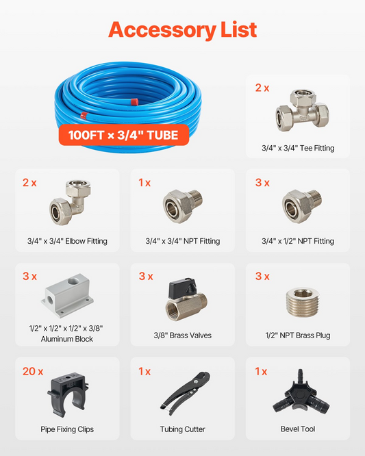 VEVOR Air Compressor Line Kit 3/4'' x 100FT HDPE/Aluminum Air Piping System Blue