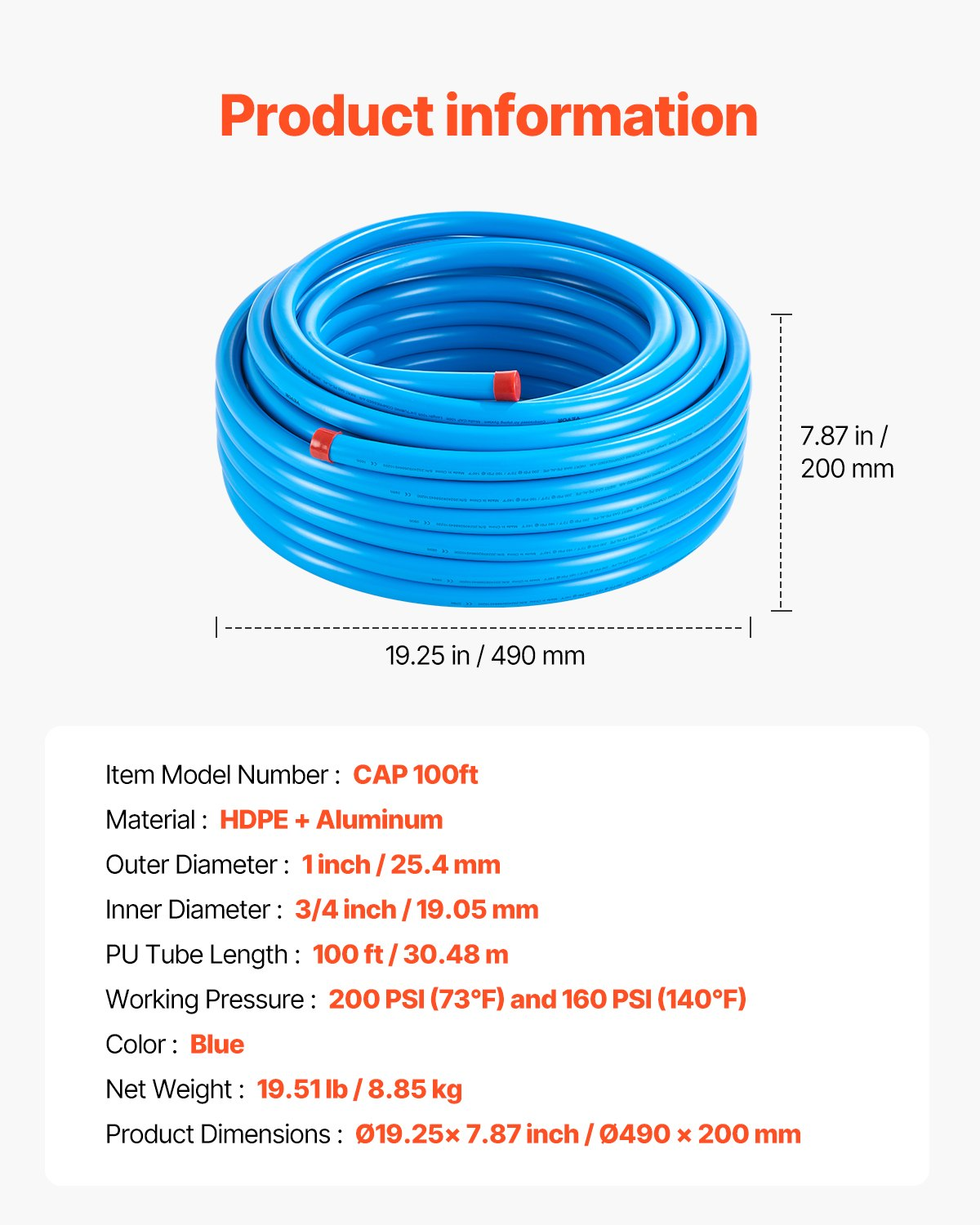 VEVOR Air Compressor Line Kit 3/4'' x 100FT HDPE/Aluminum Air Piping System Blue