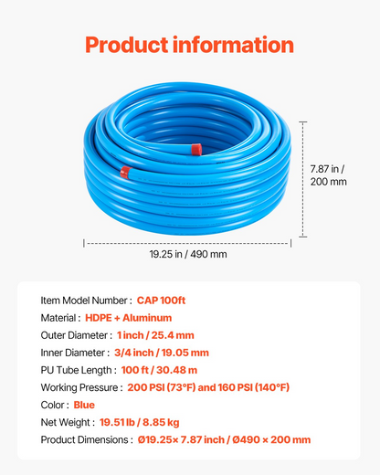 VEVOR Air Compressor Line Kit 3/4'' x 100FT HDPE/Aluminum Air Piping System Blue