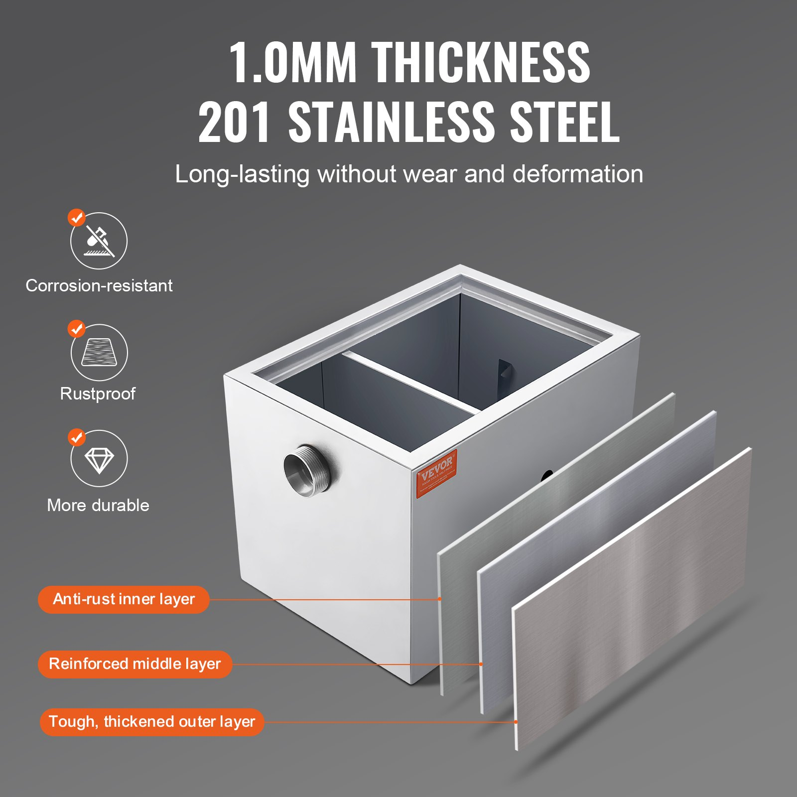 VEVOR Commercial Grease Trap, 3.6 kg Grease Interceptor, Side Inlet Interceptor, Under Sink Stainless Steel Grease Trap, 2.8 GPM Waste Water Oil-water Separator, for Restaurant Canteen Home Kitchen