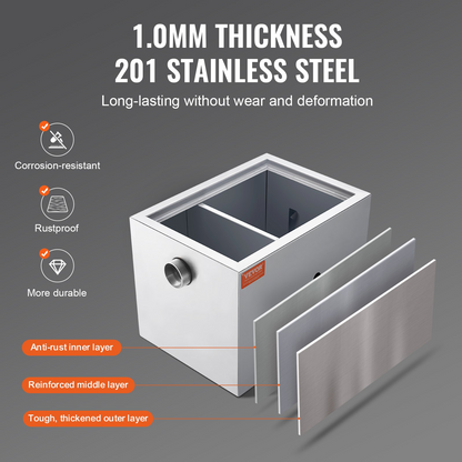 VEVOR Commercial Grease Trap, 3.6 kg Grease Interceptor, Side Inlet Interceptor, Under Sink Stainless Steel Grease Trap, 2.8 GPM Waste Water Oil-water Separator, for Restaurant Canteen Home Kitchen